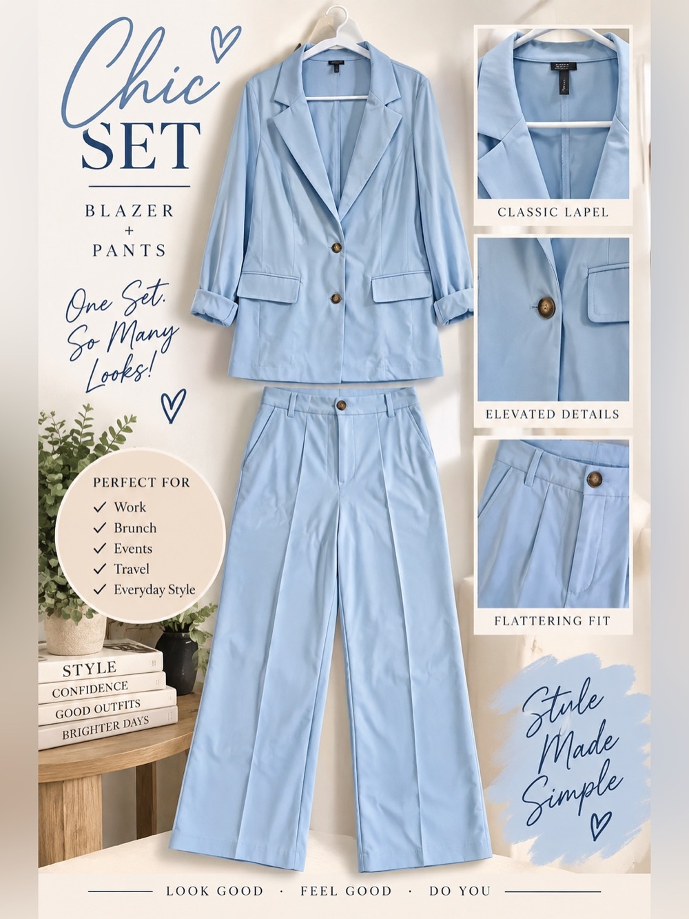 Light Blue Women's Blazer & Wide-Leg Pants Set